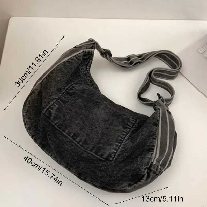 4XFF Vintage Washed Denim Shoulder Bag Large Capacity Jean Crossbody Bag W250602