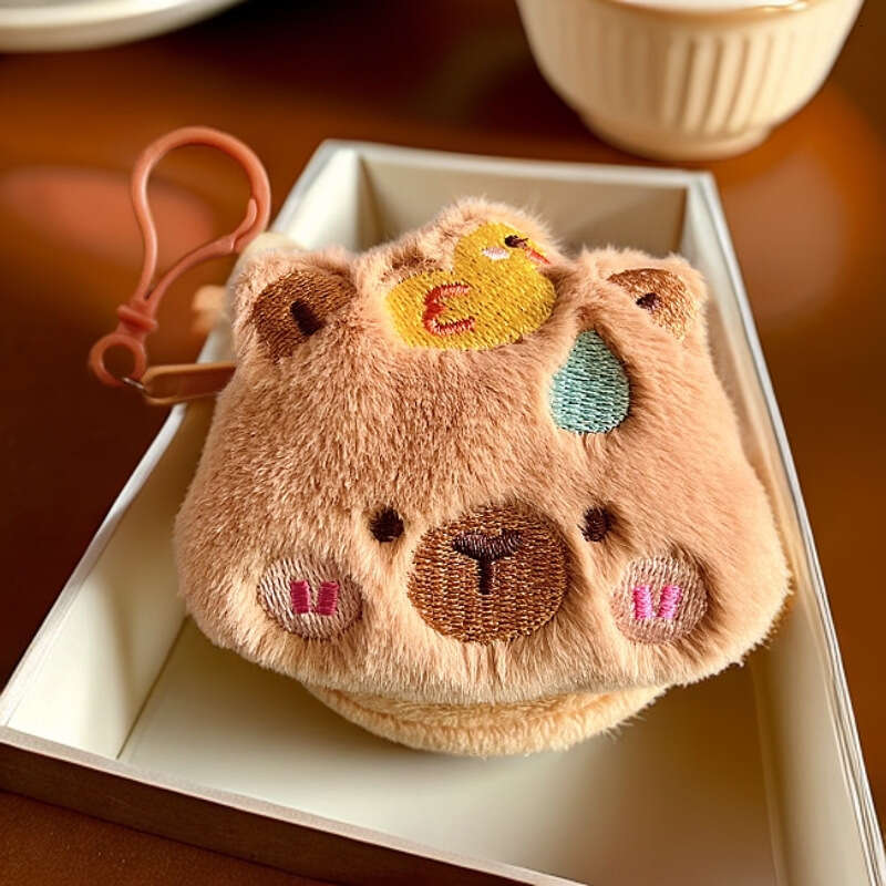 Cute Capybara Square Plush Coin Purse Mini Bag Storage Card Holder Round Shockproof Bluetooth Earphone Case