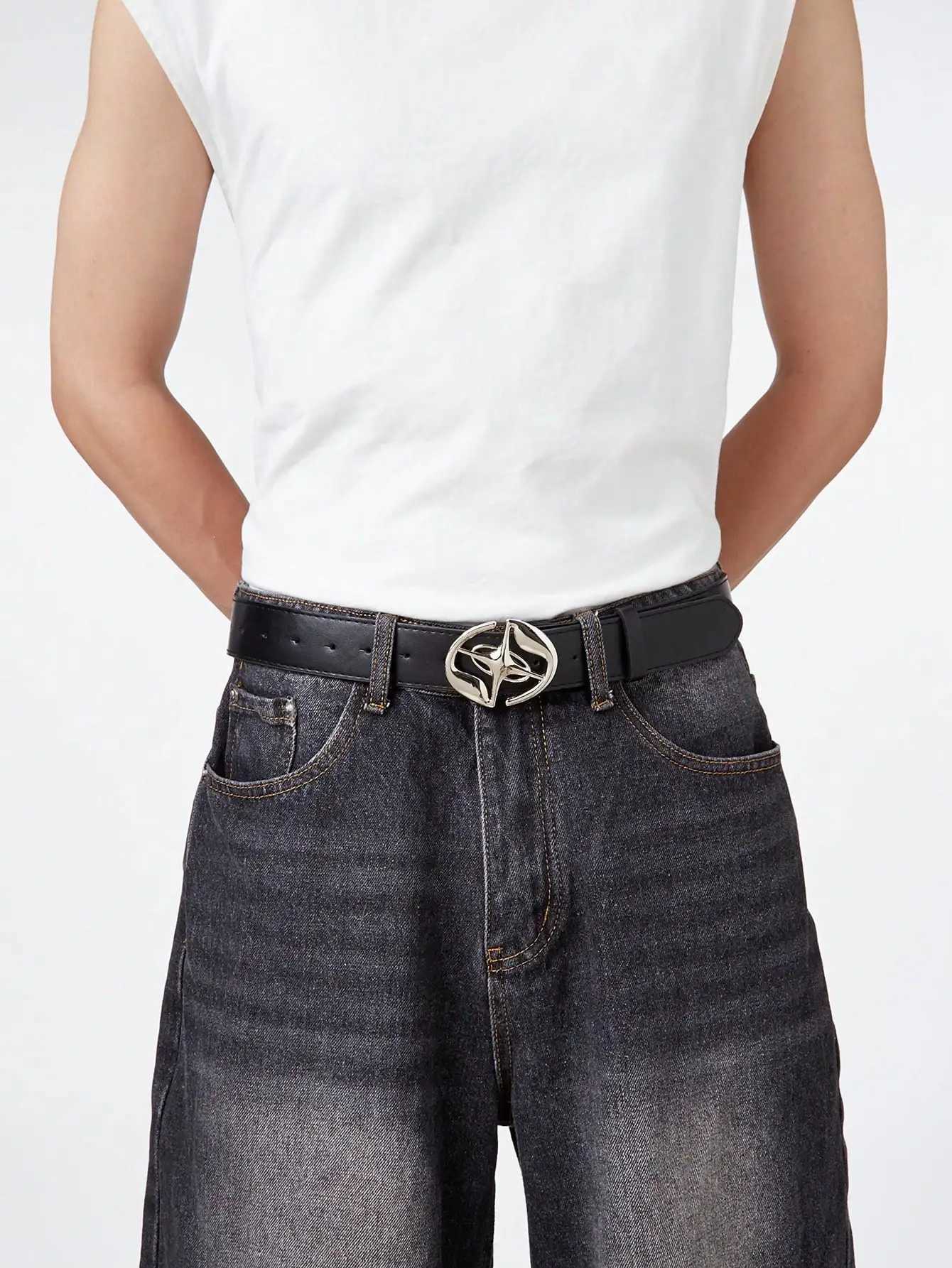 1pc Mens Black Casual Punk Comet Buckle Denim Jeans Belt XJ250602