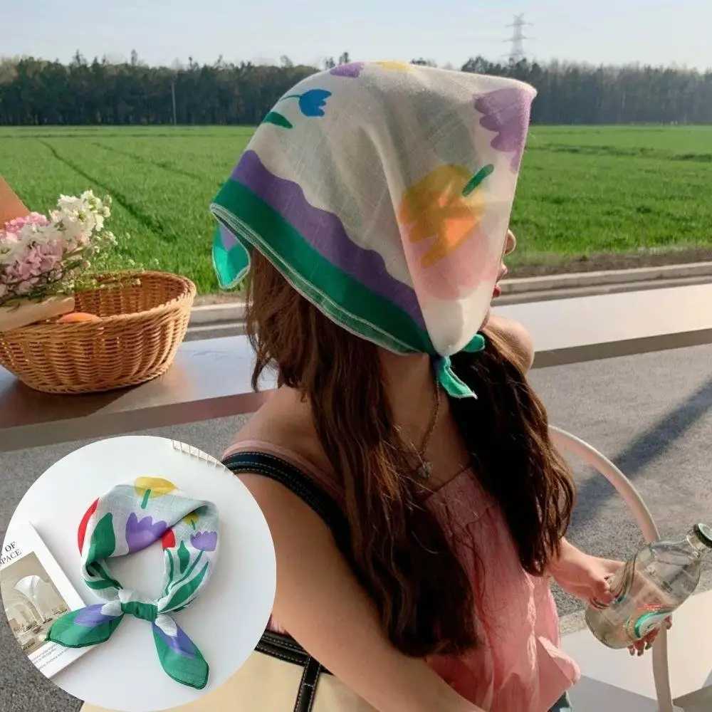 Korean Style Headscarf Versatile Floral Cotton Scarf For Spring And Summer Retro Thin And Fresh Decorative Neck Scarf For Women W250602