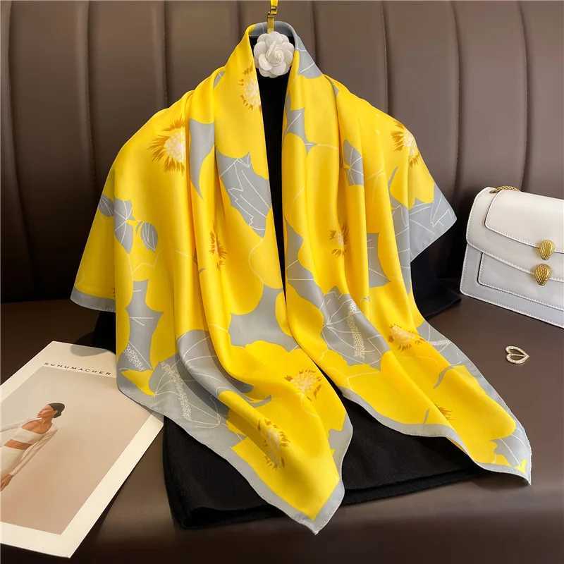 90*90cm Silk Scarf Women Popular Print Foulard Satin Square Head Hijab Luxury Brand Shawl Bandana Female Muffler Chiffon Wrap W250602