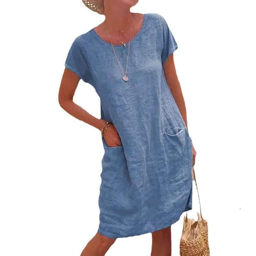 Summer Loose Solid Color Pocket Short Sleeve Round Neck Washed Cotton Linen Dress Women's Fashion B5