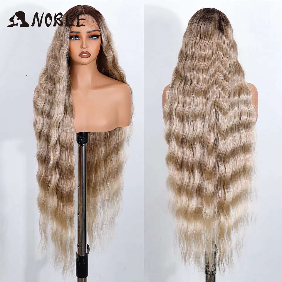 Noble Synthetic 36 " Long Part Body Wavy Golden For Women Lace Front Ombre Blonde Cosplay Wig