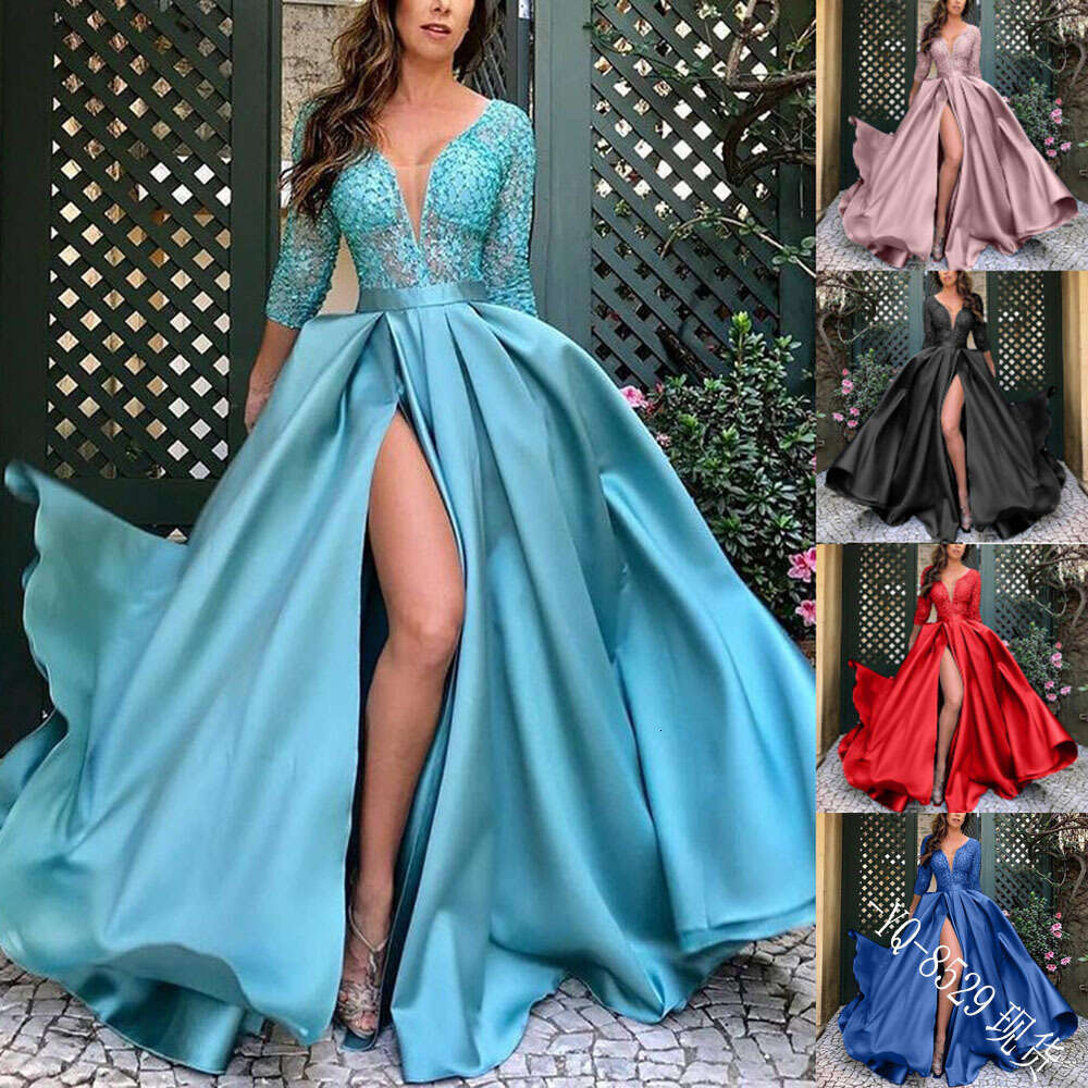 New Women's Lace Sequin Flared Sexy Long Dress With Train For Party Evening Gown B5