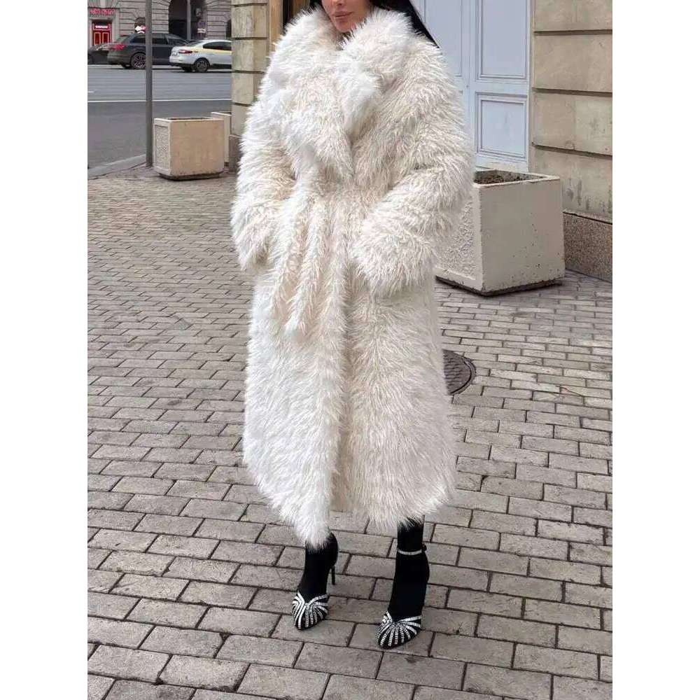 UCXQ White Long Outerwear Elegant Temperament Loose Lapel All Match Thick Warm Faux Fur Coat For Women 2025 Winter 23C2964