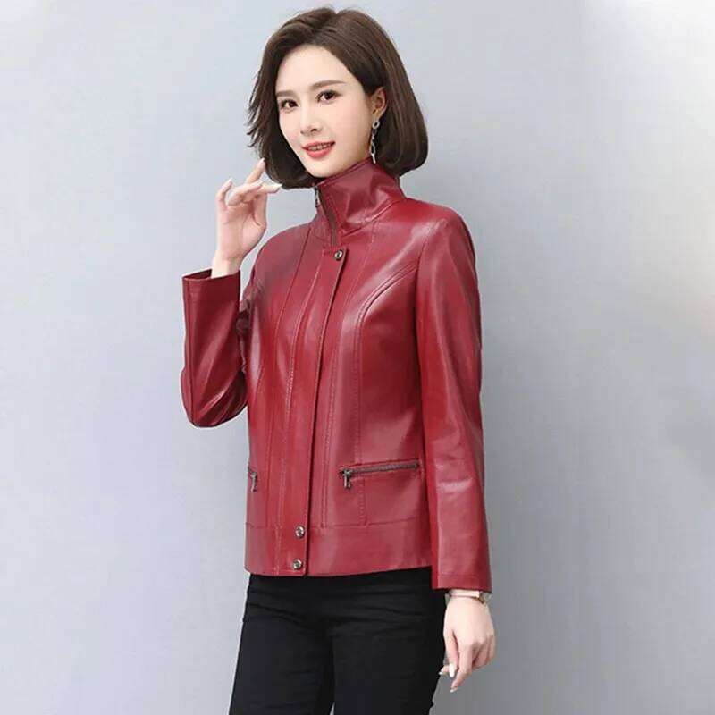 New Women Leather Jacket Autumn Winter Casual Fashion Stand Collar Plus Cotton Lining Slim Short Sheepskin Coat Spring Outerwear