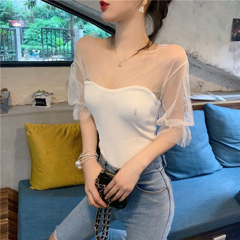 2025 Spring Summer New Women's T-shirt Summer New Mesh Short Top Design Novelty Black V-neck Puff Sleeve Knitted Short Sleeve Solid Color Versati
