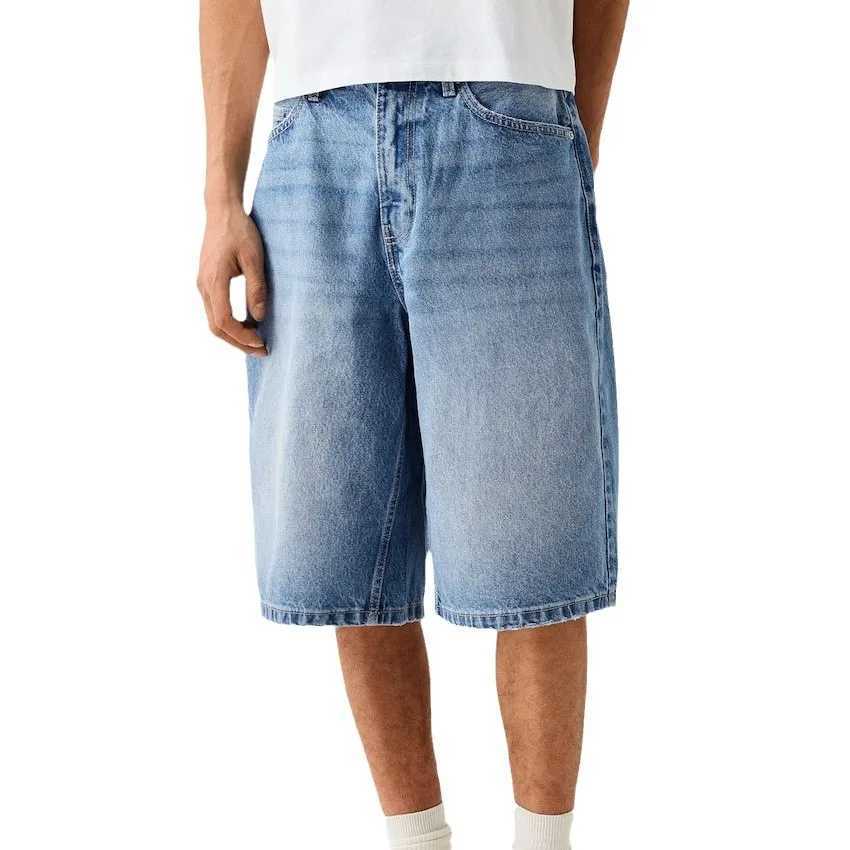 Summer New Fashion Mens Washed Vintage Solid Color Loose Wide Leg Knee-length Jeans Pants American Elastic Denim Shorts Male T250603