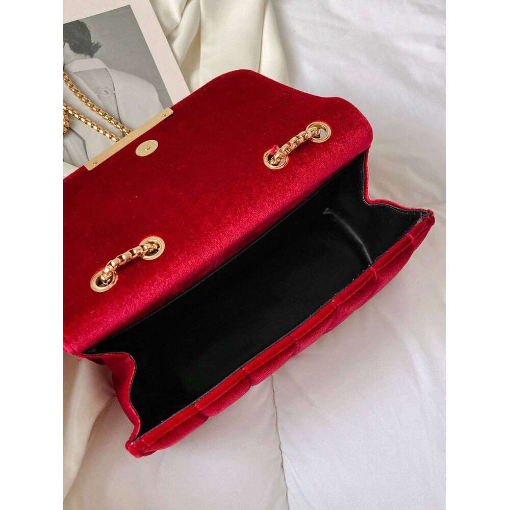 Neon Red Flap Square Velor Leather Fashionable Dating Gift Shoulder & Crossbody Bag With Chain Strap For Women