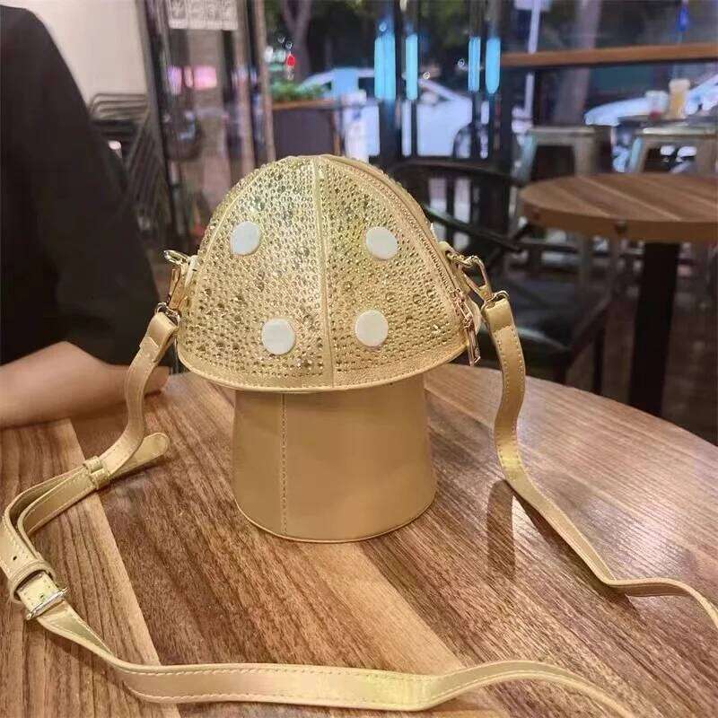 Glitter Shiny Dias Mushroom Shape Women Handbag Textured Leather Shoulder Messenger Lady Purse Female Evening Bag