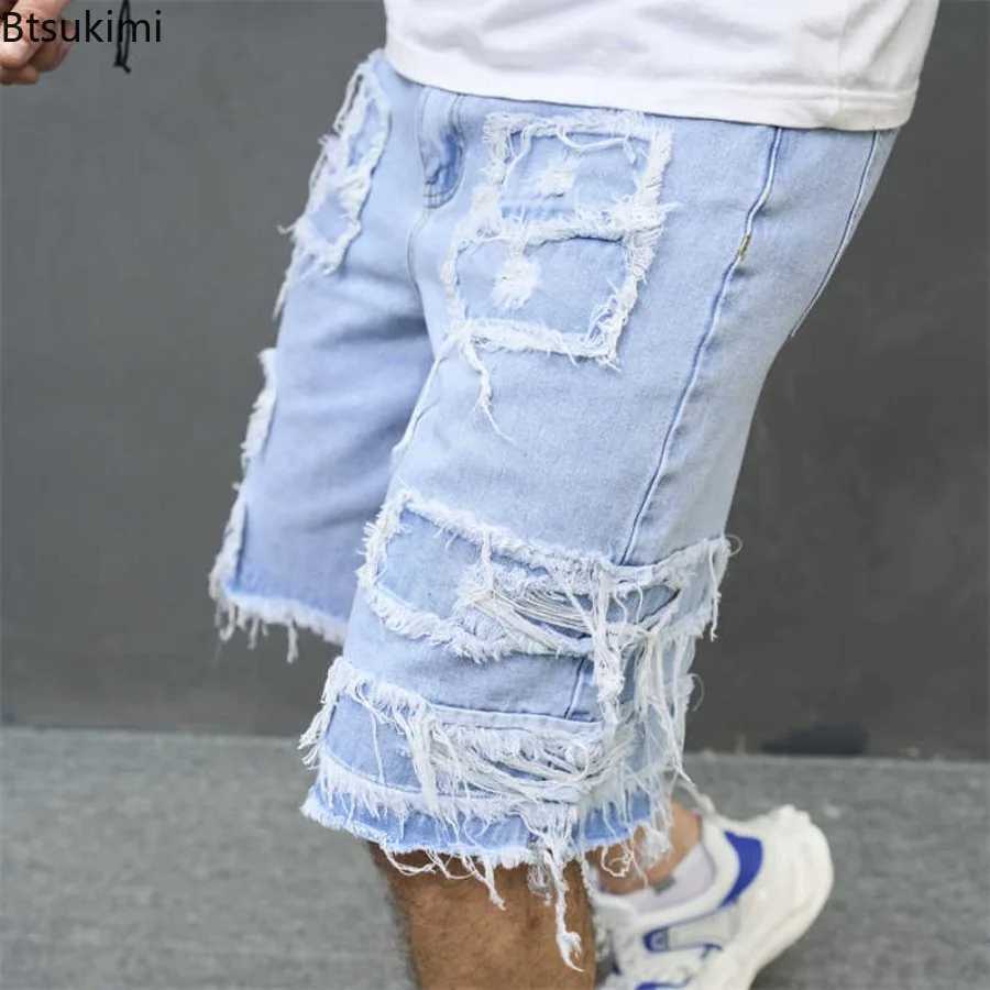 High-Streets Summer Ripped Jeans Denim Shorts for Men with Distressed Cat Whiskers Hip Hop Short Pants Mens Streetwear Shorts T250603