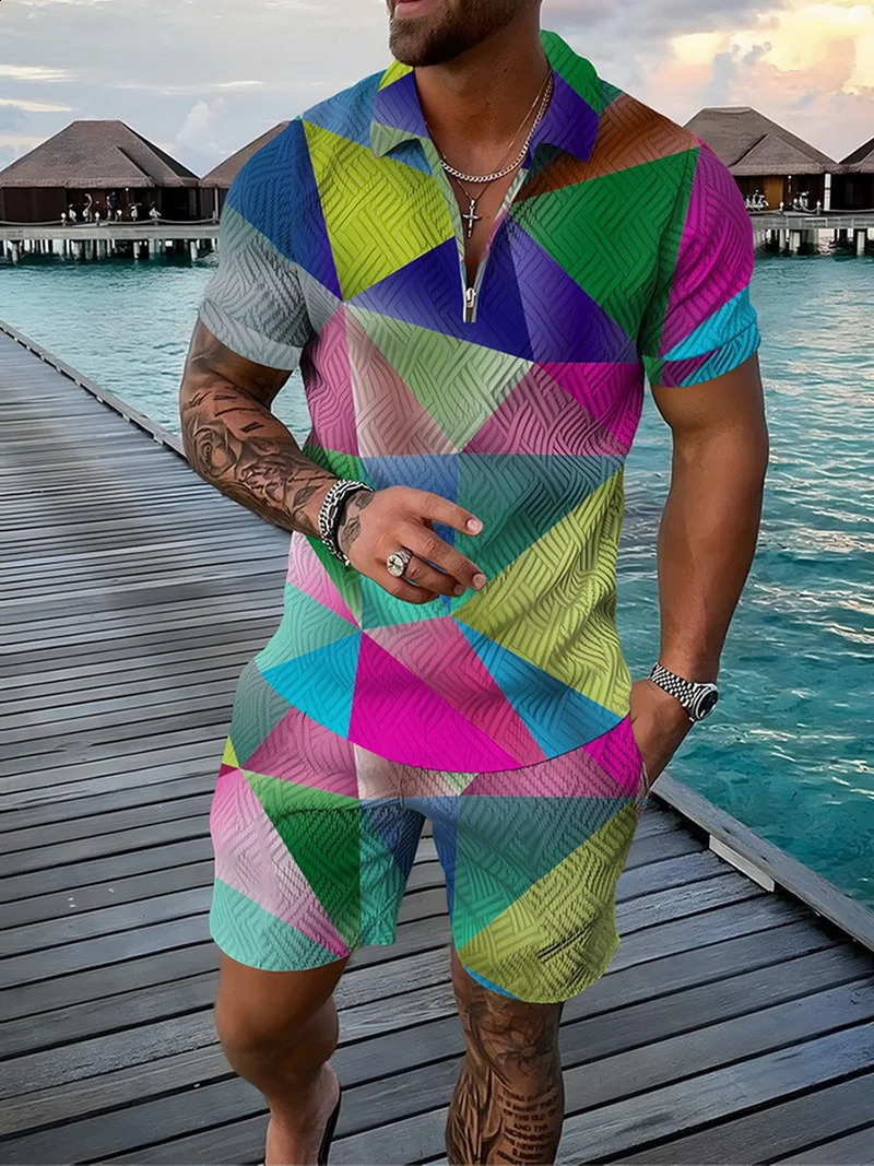 Summer Colorful Patch Mens Two Piece Sets Daily Casual Outdoor Travel Polo Shirt Shorts Suit Oversize Lapel Zipper Male Clothes 250530