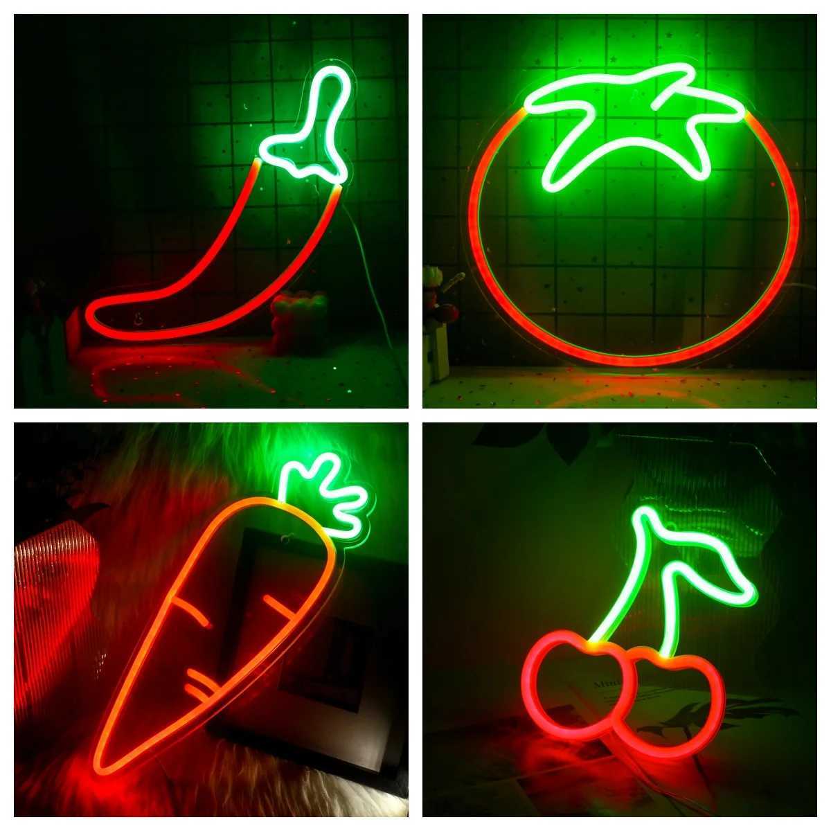 Ineonlife Neon Sign LED Light Chili Tomato Eggplant Carrot Acrylic Wall Bar Party Office Room Bedroom Kitchen Vegetable Decoration XJ250602