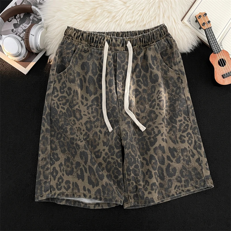 Men Leopard Denim Shorts Summer Thin American High Street Drawstring Casual Pants Loose Versatile Handsome Trousers 250529