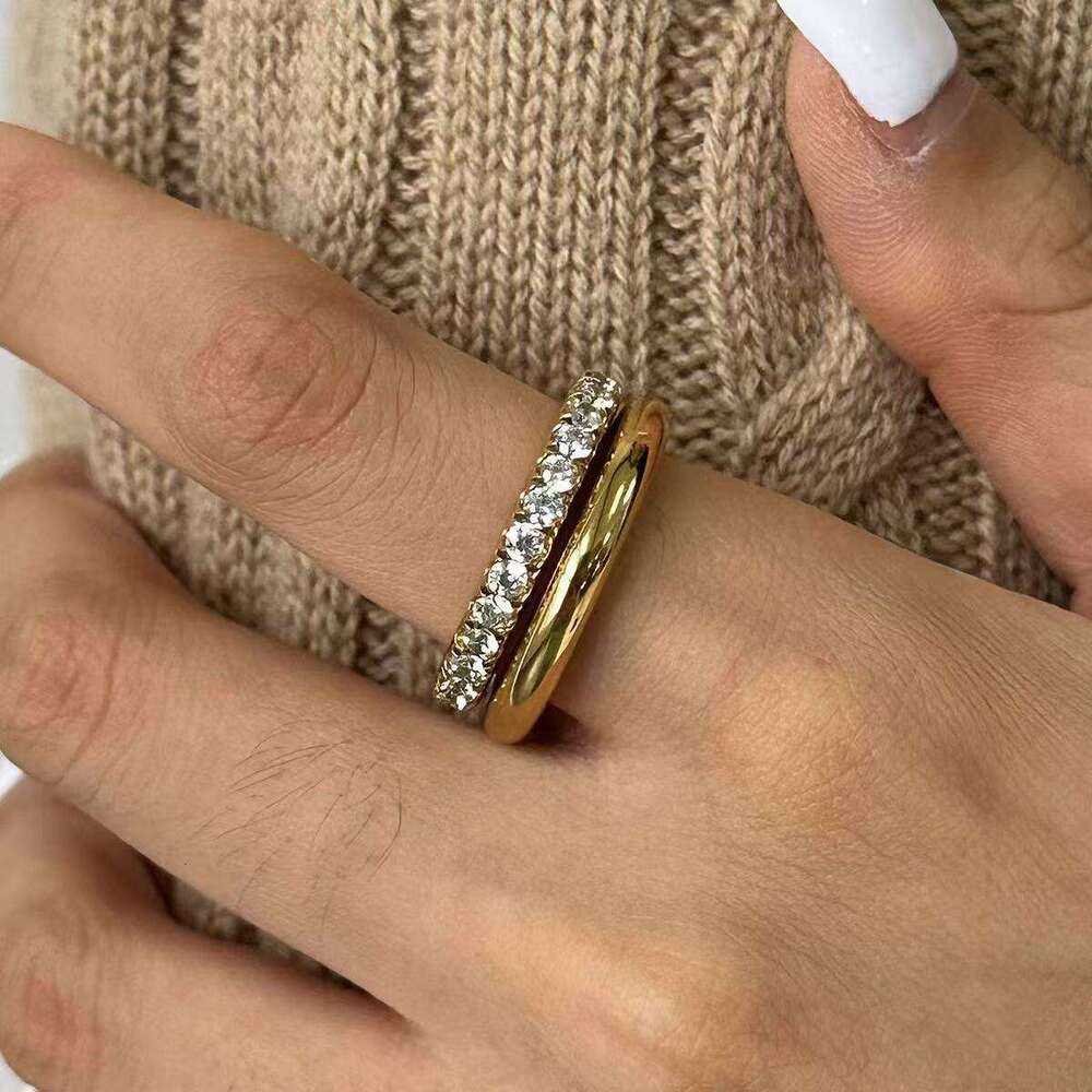 Stainless Steel Inlaid Diamond Stacking Plain Band Ring High-end Ins Style Fashion Rings Jewelry