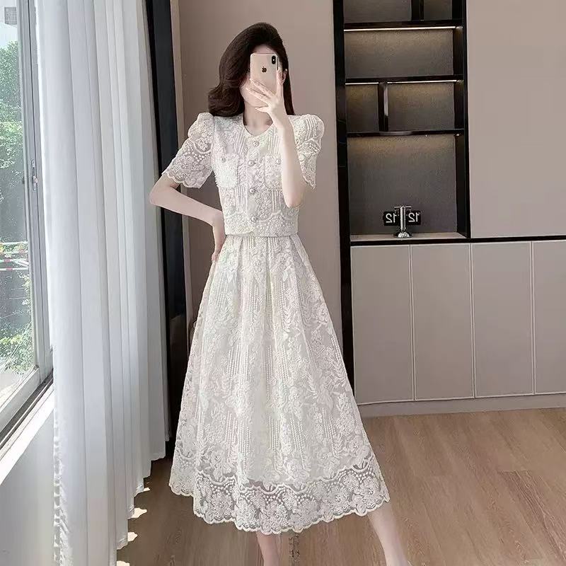 Two Piece Dress Summer Korean Small Fragrance Style Lace Set Two Piece Suit Lace Hook Flower Short Sleeve Shirt Tops Midi Skirt Women's Outfits