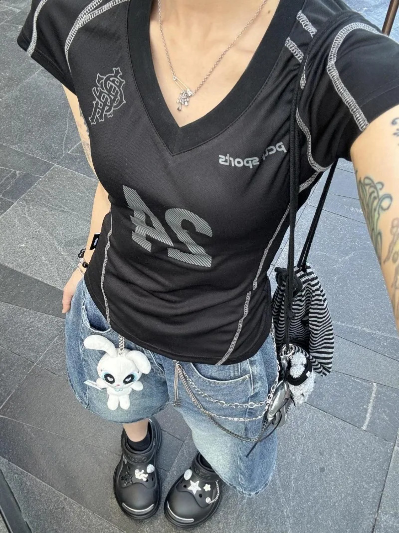 American Street Gothic Print Sports Short-sleeved T-shirt Women Y2K Retro Girl Stretch Slim Harajuku Fashion Casual Top 250529