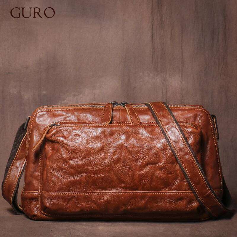 GURO Vintage Trend Shoulder Men Genuine Leather Crossbody Design Sling Top Cowhide Messenger Bag For 11 Inch IPad