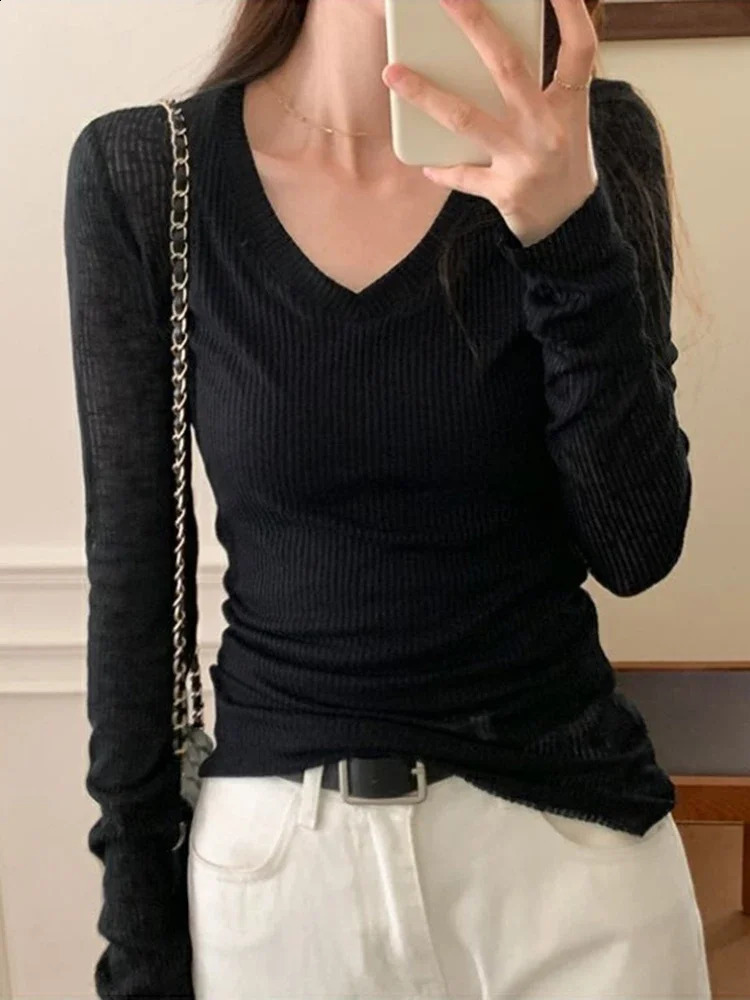 Women Long Sleeve T Shirt Thin Perspective Summer Solid Slim Casual Shirts Female Pullovers Basic Tee Y2k Clothes Streetwear Top 250529
