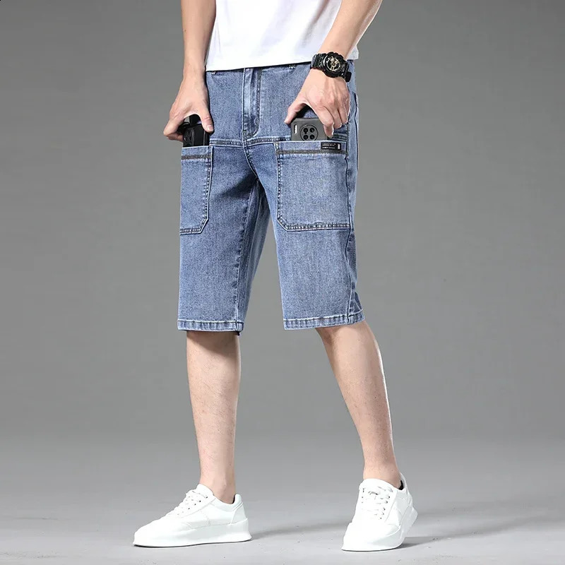 Summer Multi-pocket Thin Denim Shorts for Men Loose Straight Stretch Versatile Casual Short Jeans Male Clothing 250530