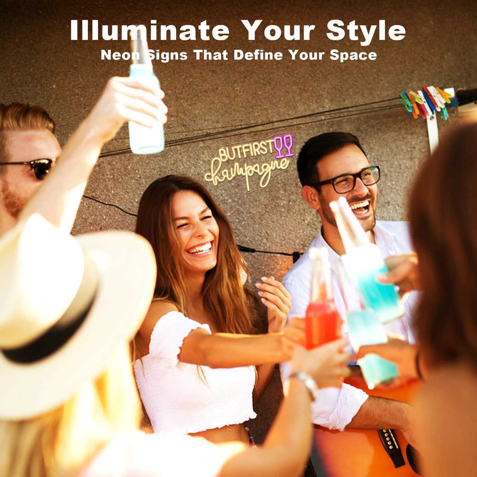But First Champagne Neon Sign LED Light Up Sign Wall Decor for Home Bar Man Cave Birthdays Graduations Decor Light Dimmable USB XJ250602