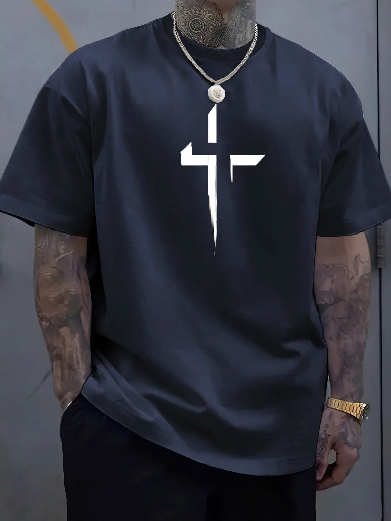 Summer mens 100% pure cotton casual loose plus size Cross Creative printed sports comfortable round neck short sleeved T-shirt 250530