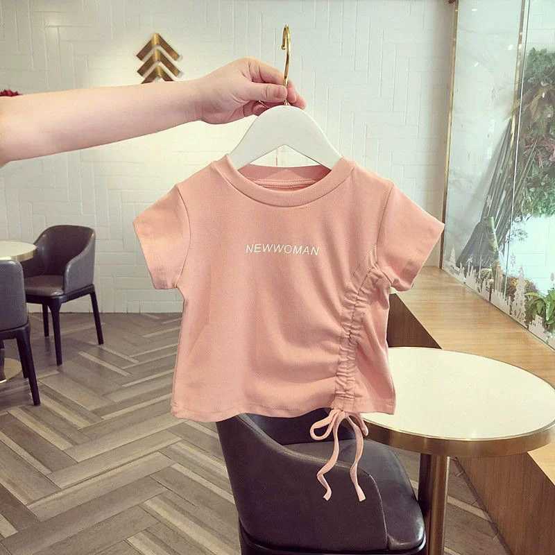 Summer Short Sleeved T-shirt Girls Fashionable Solid Tops Kids Drawstring Printed Sweet Pullover Children Clothes 1-6 Years Old T250603