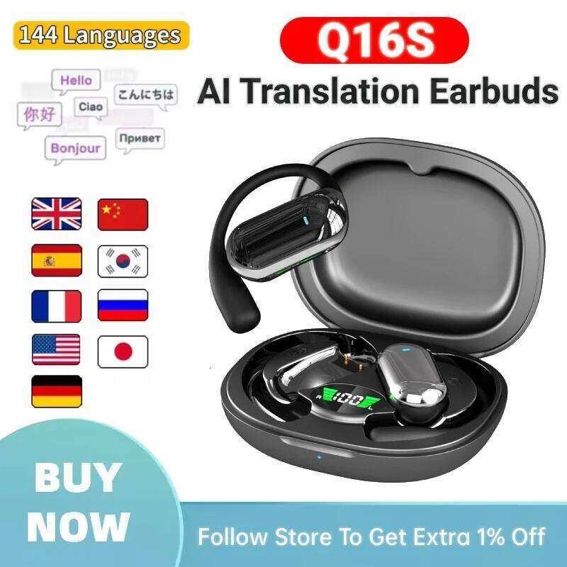 AI Earbuds Real-Time Voice Translator 144 Languages Instant Translation Noise Canceling Wireless Bluetooth Headphones