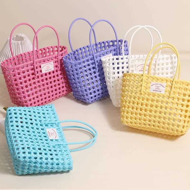 Summer Handbag Hollow out Plastic Woven Tote Vacation Beach Versatile Str Material Pure Color Square Handle Bag Y250603