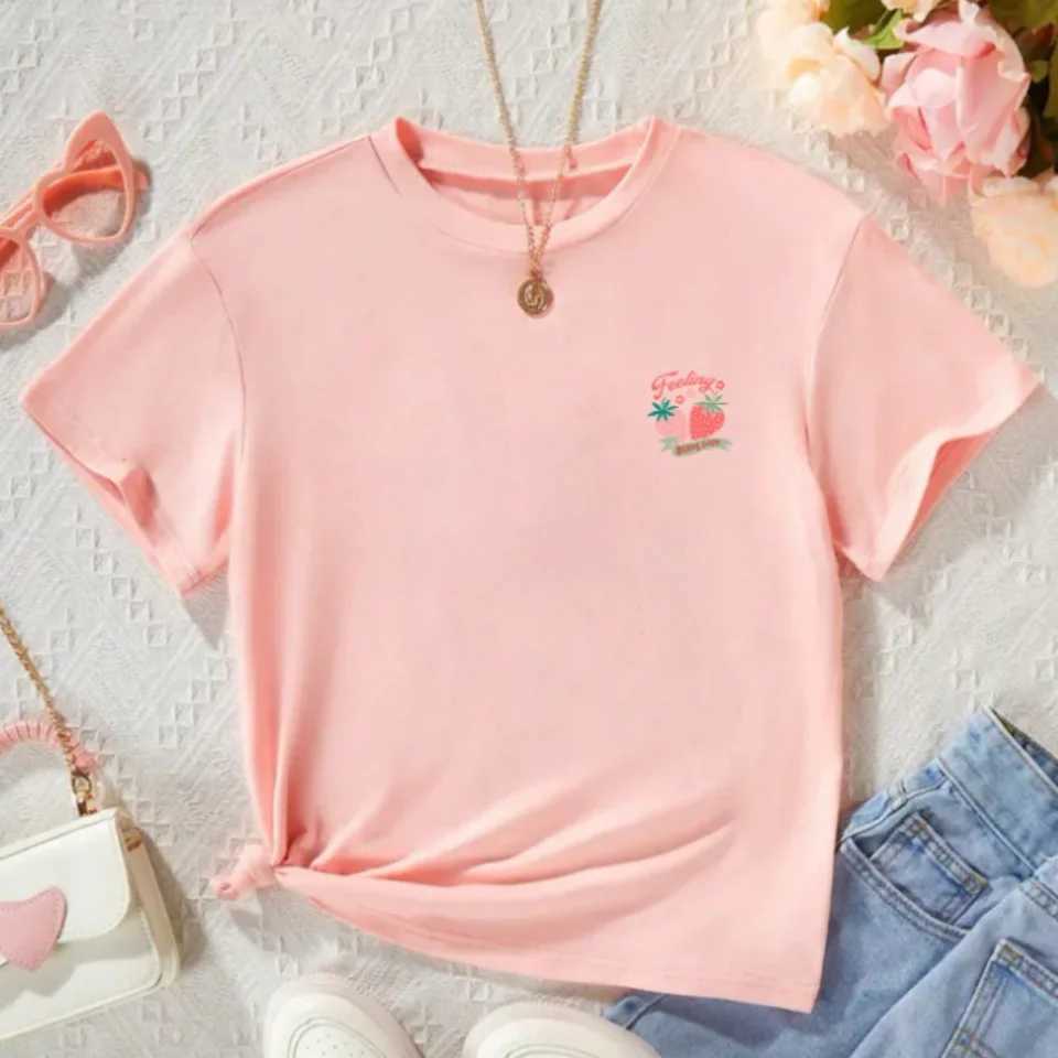 Cotton T-Shirt Girls Teens Pink Printed Casual Crew Neck Short Sleeve T-Shirt Summer Top T250603