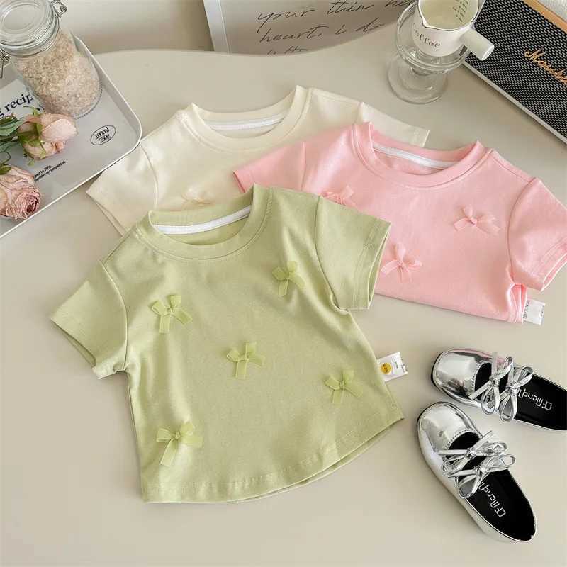 New Summer Cute Girls Short Sleeve T-shirt with Bow Ribbon Stylish Girl Toddler Simple Casual Childrens Clothing Thin Tops T250603