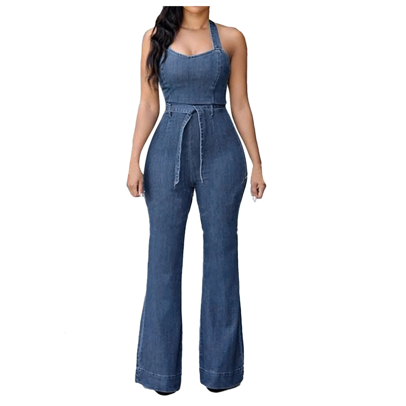 Womens Slim Fit Halter Sleeveless Casual Denim Jumpsuit Elegant Women Bodycone Playsuit With Belt Fashion Skinny Flare Pants 250603