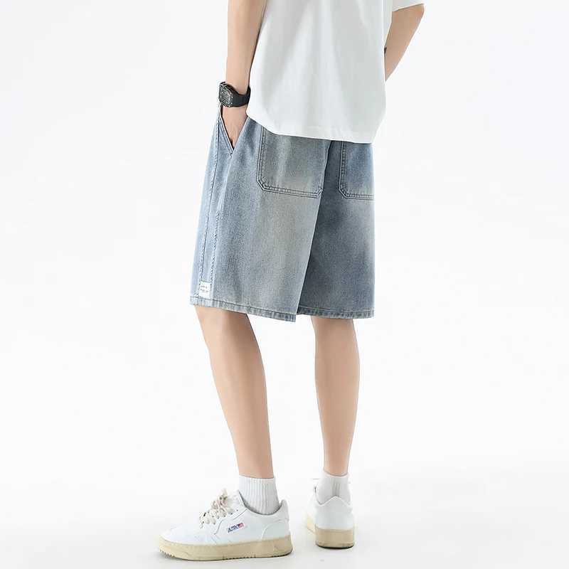 Summer Thin Baggy Mens Denim Shorts Streetwear Fashion Drawstring Loose Casual Wide Leg Knee-Length Short Jeans Retro Blue T250603