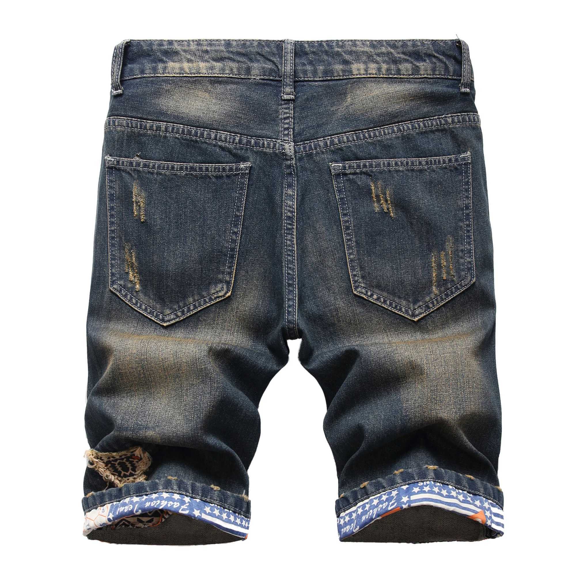 Personalized Ripped Denim Shorts for Men Retro and Nostalgic Hip-hop High Street Stretch Straight Fashion Short Jeans Male T250603
