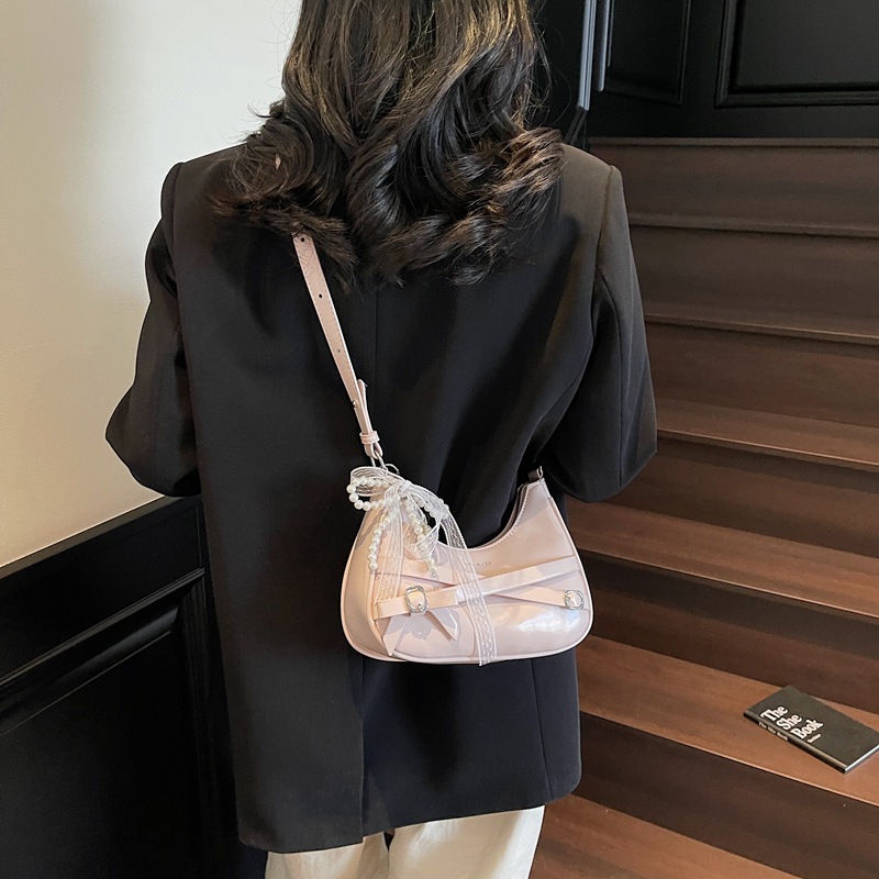 designer Niche Oil Wax Leather Small Bag for Women 2025 New Summer Fashion Lace Bow Underarm Bag Textured Crossbody Bag