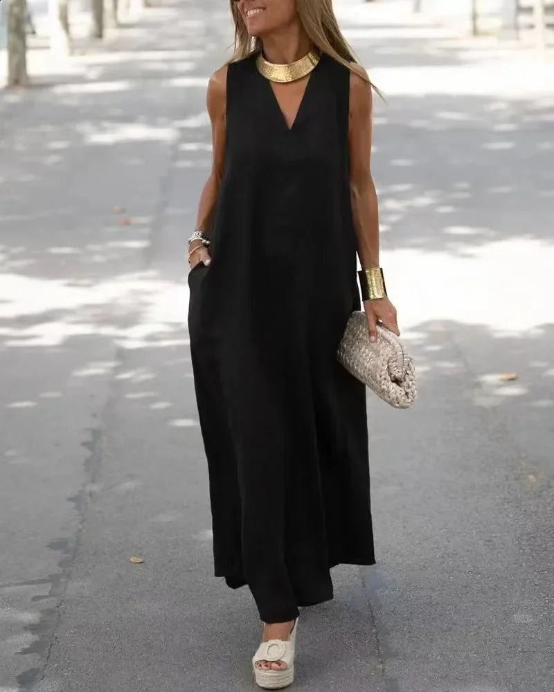 Spring Cotton Linen Women Dress Long Black V-neck Sleeveless Loose A-line Dresses Female Elegant Trendy Casual Lady Clothes 250529