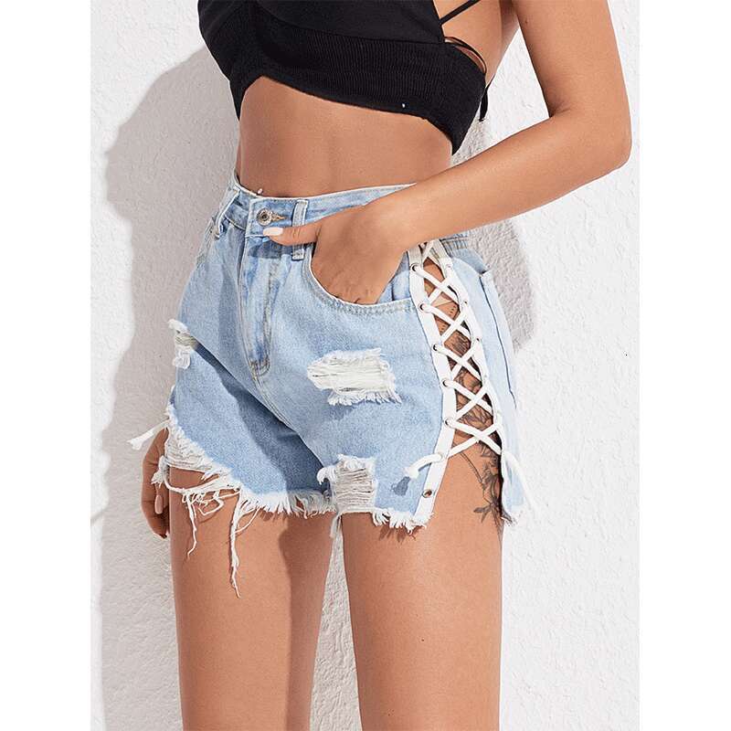 Denim Shorts Jeans Shorts High Waist Slimming Drawstring Denim Shorts For Women Summer New Slim Fit Leg Lengthening Hot Pants Ripped Short Jeans