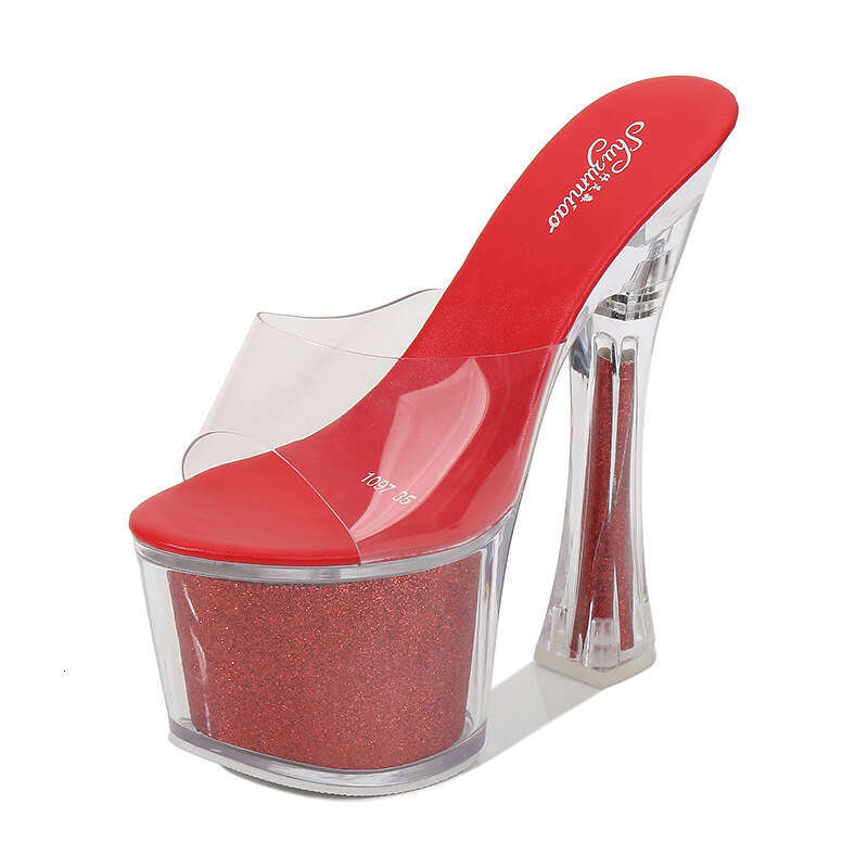 Super High Heels New Korean Style Sexy Nightclub Super High Chunky Heels Waterproof Platform Sandals Transparent Crystal Shoes For Outdoor Wear Platfo