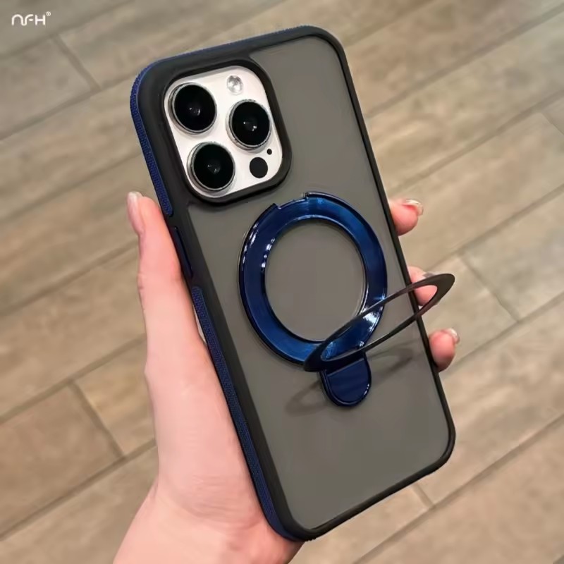 For Magsafe Magnetic Kickstand Stand Matte Case For iPhone 17 air 16 15 14 Plus 13 12 11 Pro Max Transparent Metal Wireless Charge Ring Cover