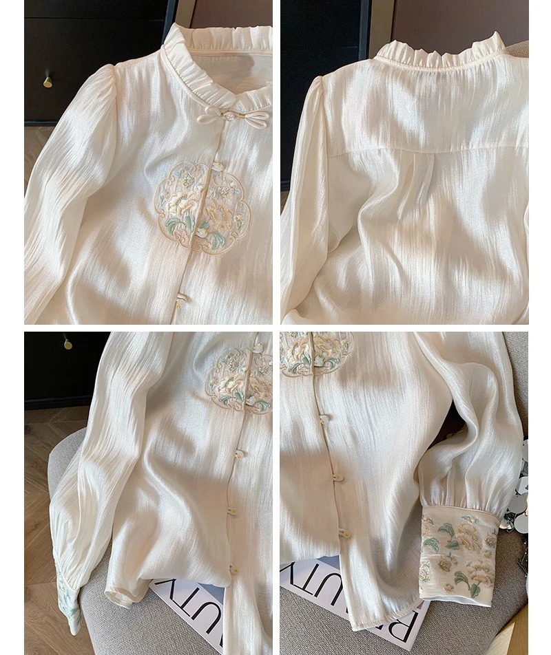 Satin Chinese Style Womens Shirt Embroidery Vintage Blouses Silk Fashion Clothing Loose Long Sleeves Women Tops 250603