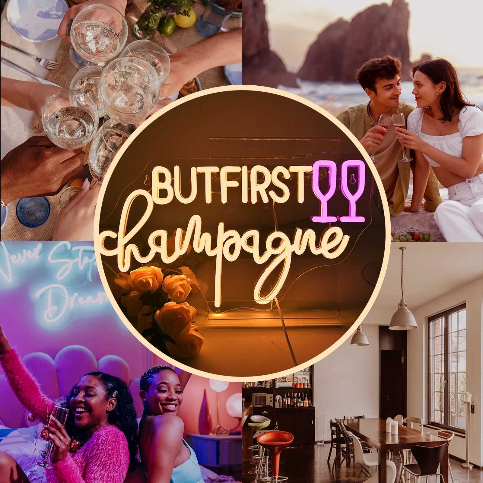 But First Champagne Neon Sign LED Light Up Sign Wall Decor for Home Bar Man Cave Birthdays Graduations Decor Light Dimmable USB XJ250602