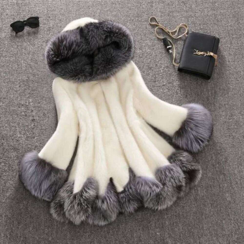 Wear Real Gorgeous Women's White Black Mink Winter Thick Hooded Jacket Long Sleeves Warm Fur Coat In Stock