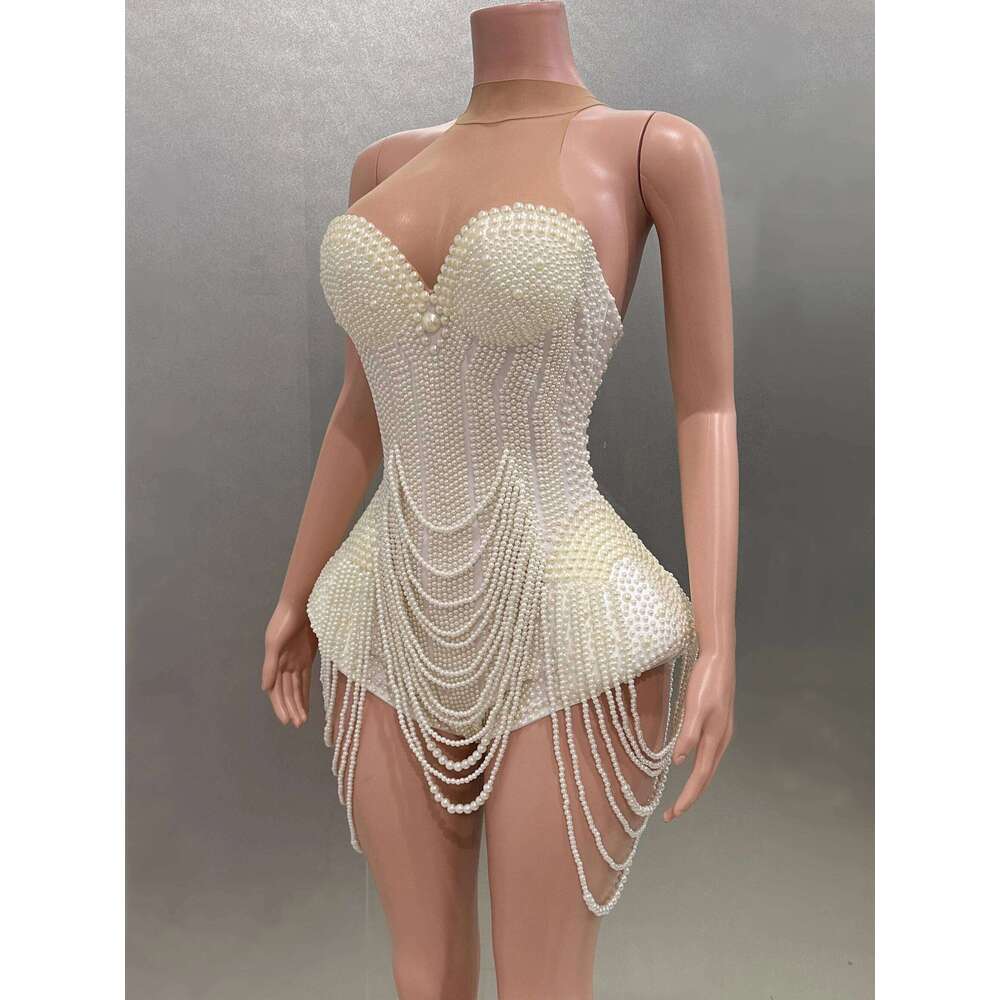 Pearls Beading Sexy Halter Backless Bodysuit Evening Party Performance Costume Bar Nightclub Singer Dancer Stage Wear
