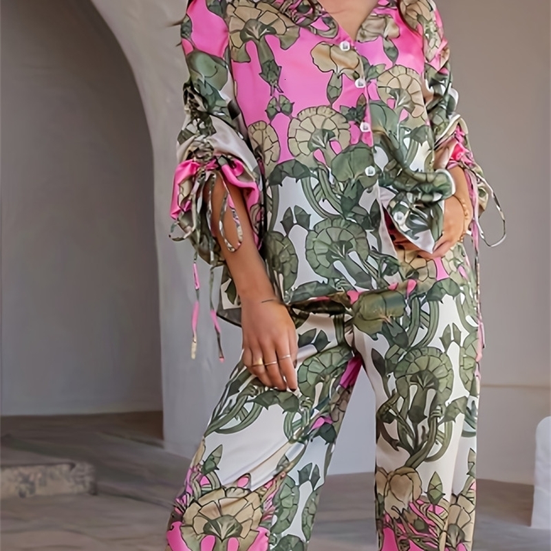Plus size womens spring and summer ethnic style fashion trend random print casual half-sleeved shirt and trousers suit 250519