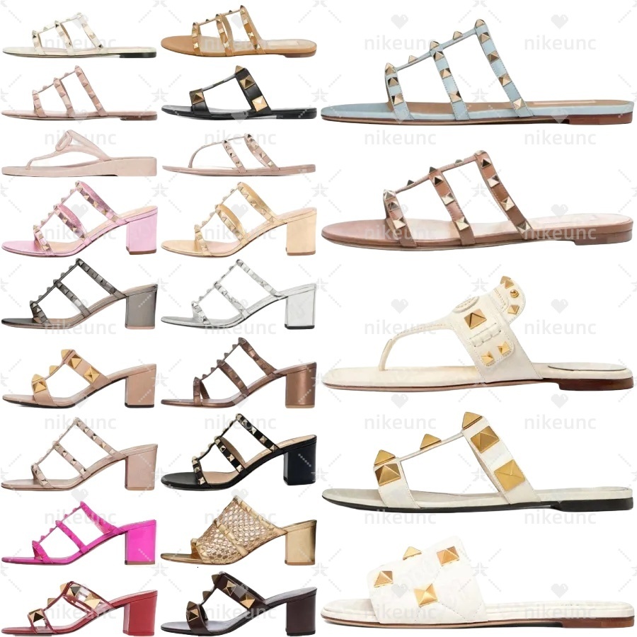 V Casual Slipper designer slides Rubber Rockstud Thong Sandals women Slippers Studded Flat slide Flip Flops Hollow out Red Black Pink Gold With a box