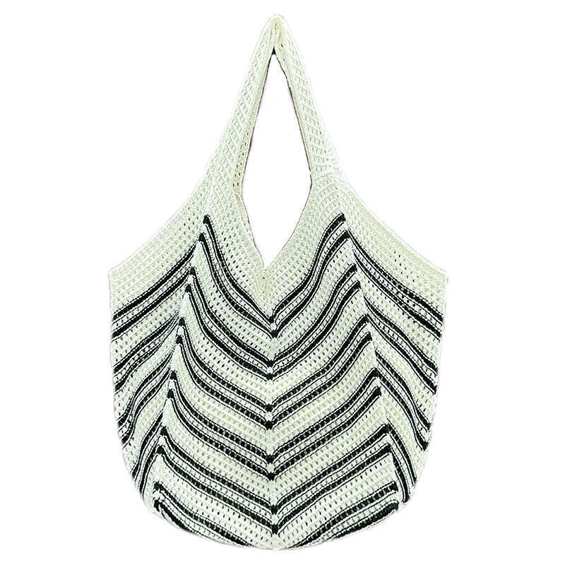 Hollow Knit Bohemian Vacation Beach Tote Color-Block Woven Versatile Shoulder Bag