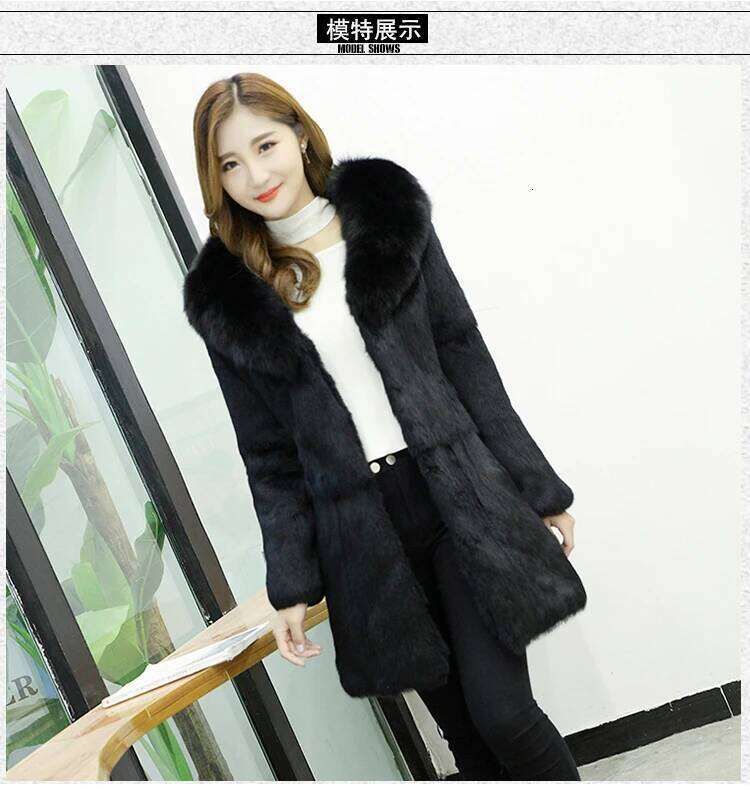 New Women's Real genuine natural rabbit coat with fox collar girl's fashion fur jacket outwear custom any size