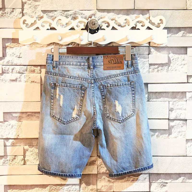 Summer Mens Fashion Slim Fit Denim Shorts Korean Casual Perforated Mid Pants T250603