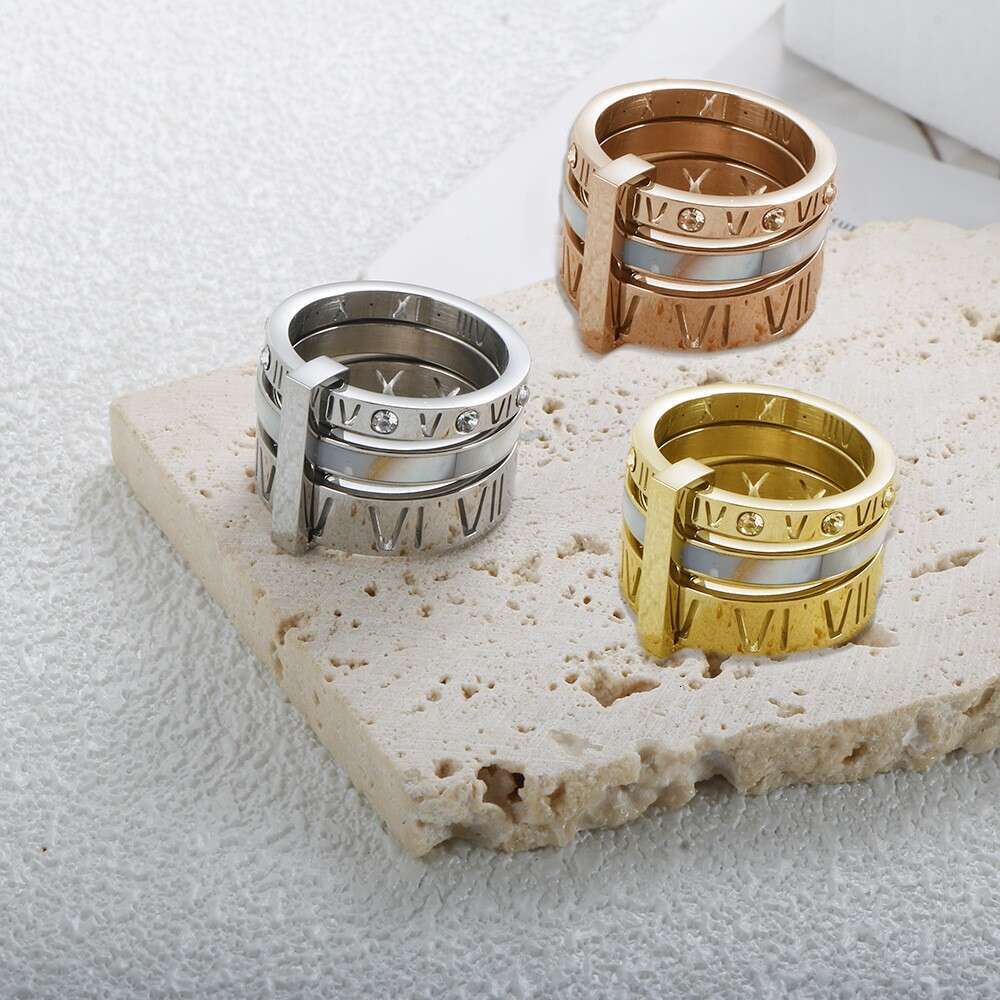 Trendy Personality Stainless Multi-Ring Stacking Gold-Plated Roman Numerals Inlaid Diamond Ring Titanium Steel Jewelry