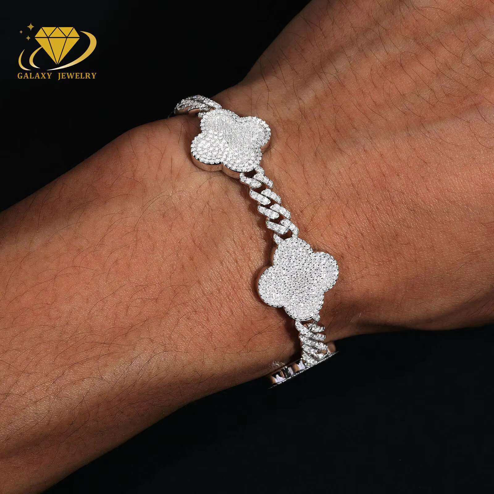 New Arrival Moissanite Chain Silver 925 Hip Hop Lucky Four Leaf Clover Moissanite Miami Cuban Link Chain Bracelet Necklace